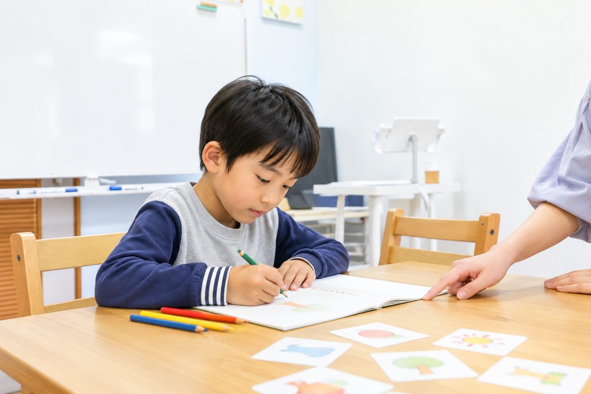 ノートに英語の単語を書き、横に小さな絵を描く子ども